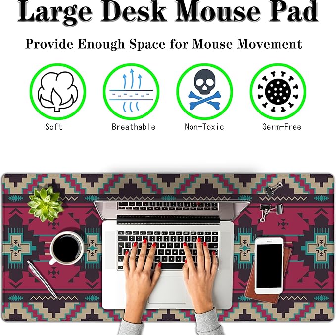 Computer Desk Mat Pink Mouse Pad, Gaming Mousepad Big Game Mat, Desktop Pad Waterproof Non-Slip Rubber Base Waterproof with Stitched Edges, 35.4" X 15.7" for Work/Game/Office/Home Southwest