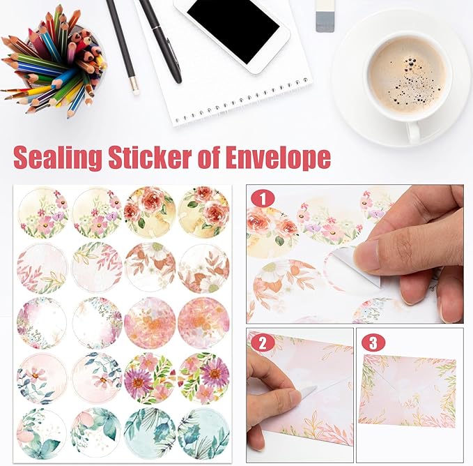 160PCS Stationary Paper and Envelopes Set, 10 Different Style Floral Themed Writing Paper Stationery Set (50 stationery paper + 50 envelopes+60 Sticker)