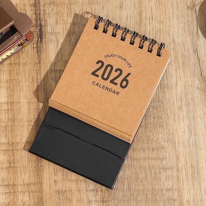 Mini Desk Calendar 2026-2027- Small Desktop Calendar January 2026 to June 2027, Mini Daily Schedule Thick Paper Twin-Wire Binding with Stickers for Home Office School (Kraft paper color)