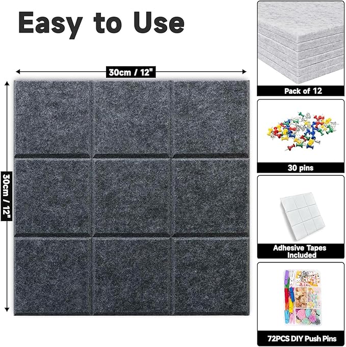 Large Cork Board for Walls, Yunihome 12 Pack 36" x 48" Felt Bulletin Board Wall Tiles for Home Kitchen School Office Wall Decor with Assorted Colors DIY Decorative Push Pins Sets