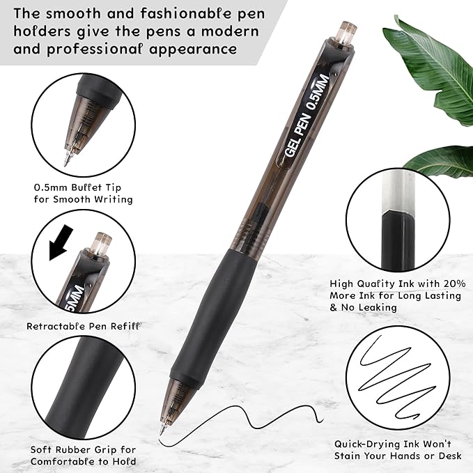USUAL Gel Pens 0.5 mm,8 Pack Retractable Black Ink Pen Fine Point Rollerball Pens,Quick Dry Smooth Writing,No Bleed for Journaling Note Taking, Home School Office Supplies