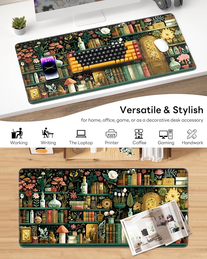 XL Gaming Mouse Pad, 31.5x17.5'' Large Desk Mat with Anti-Slip Rubber Base & Stitched Edges for Gaming, Office, Home - Boho Bookshelf