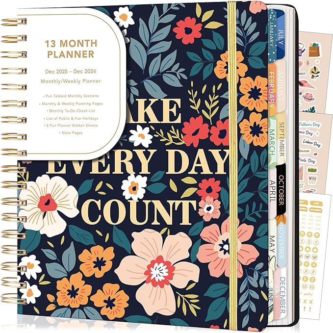 CAGIE 2026 Planner Weekly and Monthly- Dec 2025-Dec 2026 with 13 Month Tabs, Hardcover Calendar Planners with Stickers Spiral Bound Yearly Agenda Planner for Women, Blue Floral, 8.3"x9.1"