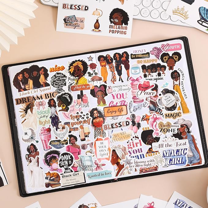 Black Girl Decal Sticker Book for Water Bottle: 260+ WaterProof Vinyl Motivational Stickers for Black Teen Girls & Women, 24 Pages for Journaling, Scrapbooking, Laptop, Self-Care & Inspirational Decor