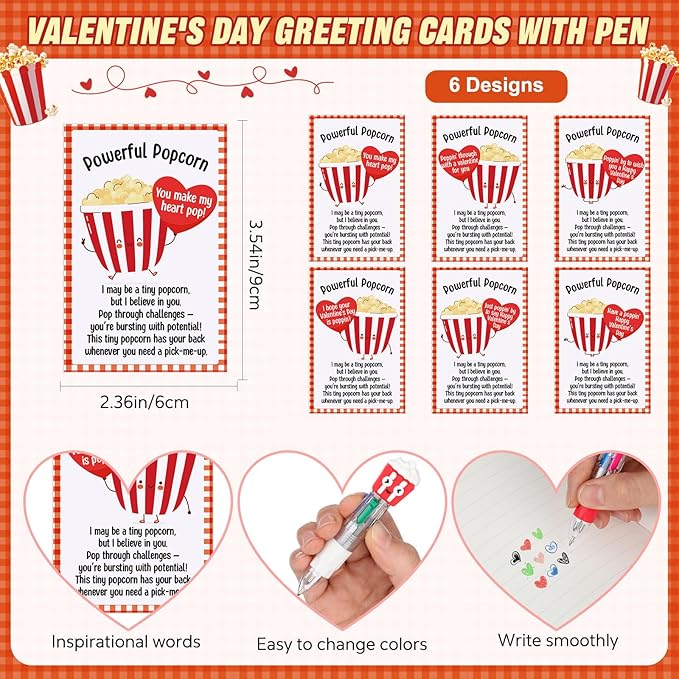 Colarr 24 Set Popcorn Valentines Gifts Multicolor Pens with Support Cards for Valentines Day Party Favors Classroom Prizes Students Goodie Bags Stuffers 4 in 1 Ballpoint Pens