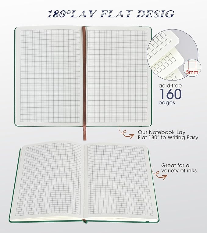 Biuwory Graph Paper Notebook Journal for Women Men,160 Pages Hardcover Grid Notebooks for Work & School,Leather Journals for Writing, Graphing Paper Notebook 5.7"×8.3" (Green)
