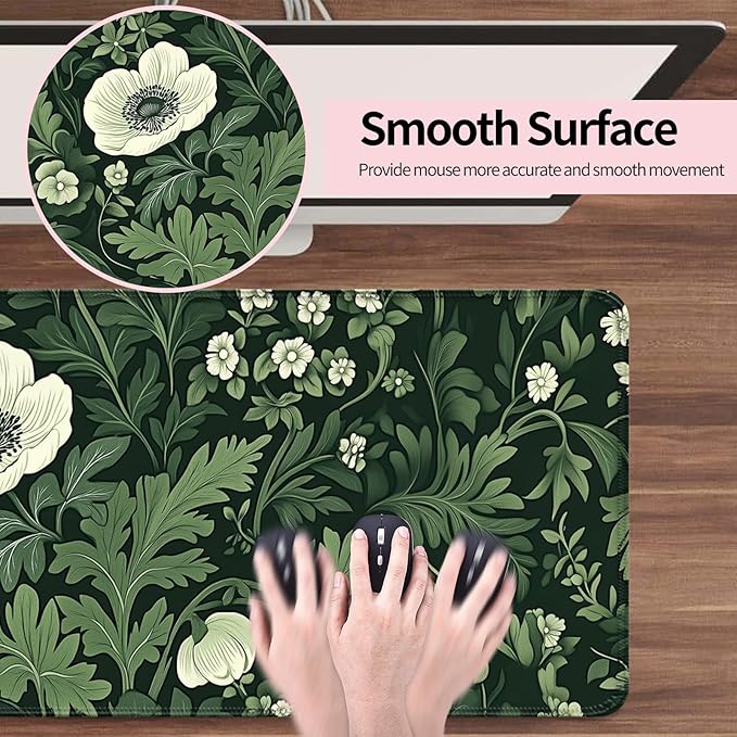 Green Plant Wildflower Gaming Desk Mat, Computer Keyboard Large Extended Long Floral Mouse Pad for Office and Home, XL (W26)