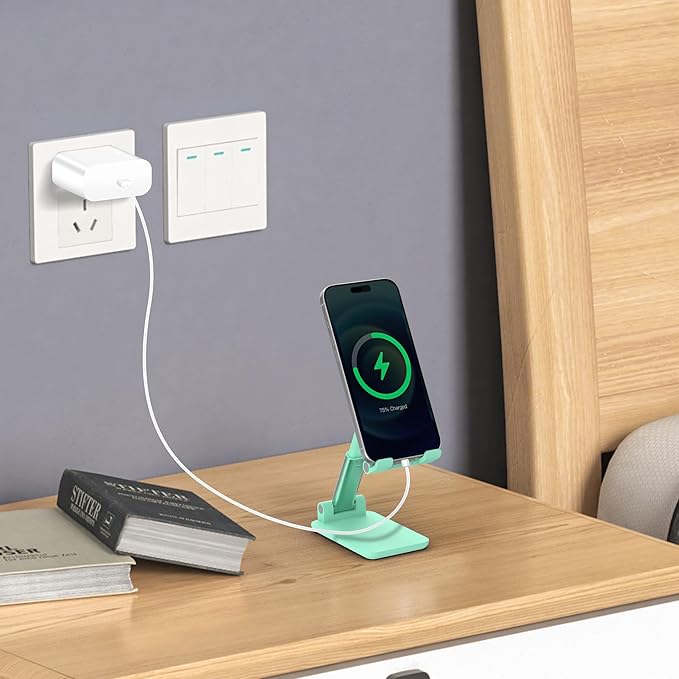 Cell Phone Stand, Adjustable Angle and Height Cell Phone Holder for Desk, Foldable and Portable, Anti-Slip Silicone Pad, Compatible with All Mobile Phones and 4-8 Inch Devices (Green&Green)