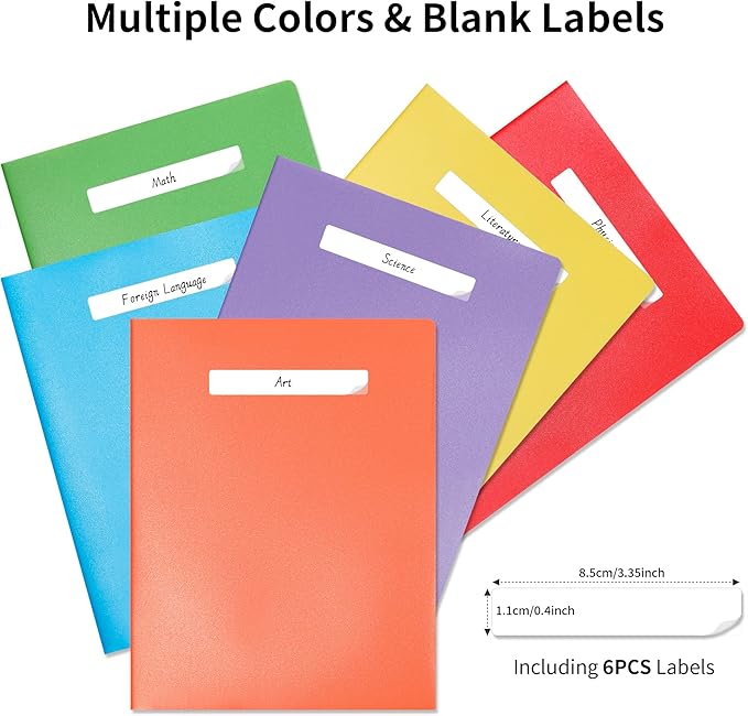 Folders with Pockets, 2 Pocket Plastic Folder with Pockets for School Colored File Folder for Documents Letter Size with Business Card Slot Back to School Teacher Supplies(6 Pack Rainbow Colors)