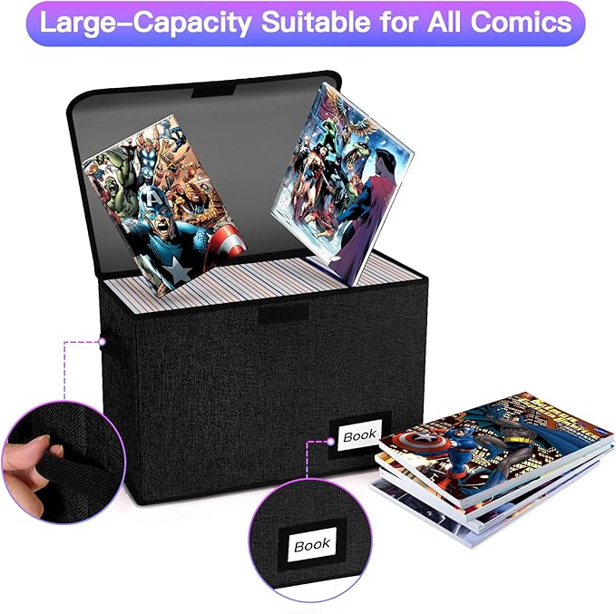 5 Pack Comic Book Storage Boxes, 15.8" X 7.8" X 11.8", Collapsible Comic Short Box, Holds 160-180 Collection Comic Book Container Holder Shelf Protector Organizer Bin (Black)
