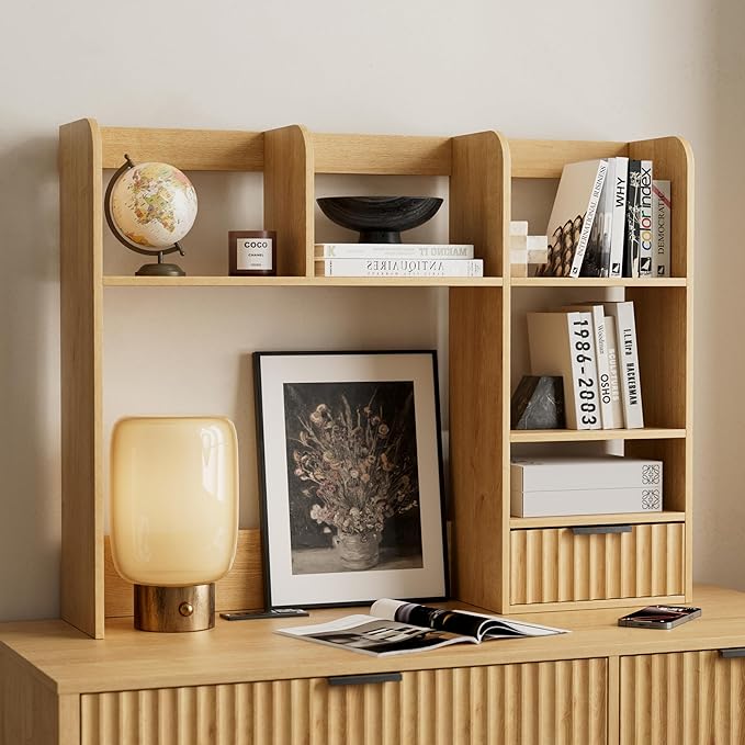 Desktop Bookshelf with Fluted Drawer, Wooden Countertop Shelf Mid Century Modern Desk Hutch Organizer Small Storage Bookcase for Dorm Home Office Study Vanity, Natural Oak