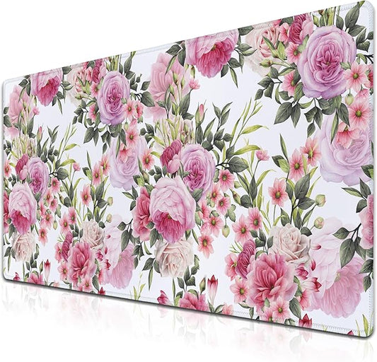 Keyboard Mouse Pad Pink Desk Mat for Women Extra Large Mouse Pads Office Accessories Gaming Mousepad Cool Mouse Pad Non-Slip Rubber Base 35.4" X 15.7" for Game Office, Roses Wreath