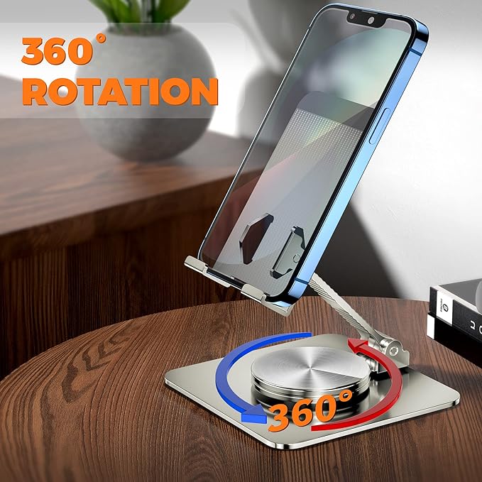 Rotatable Foldable Phone Stand for Desk, Fully Adjustable Desktop Holder Cradle Dock Compatible with iPhone 14 13 12 11 Pro Max Xr, Nintendo Switch, Tablets, All Phones(Silver)