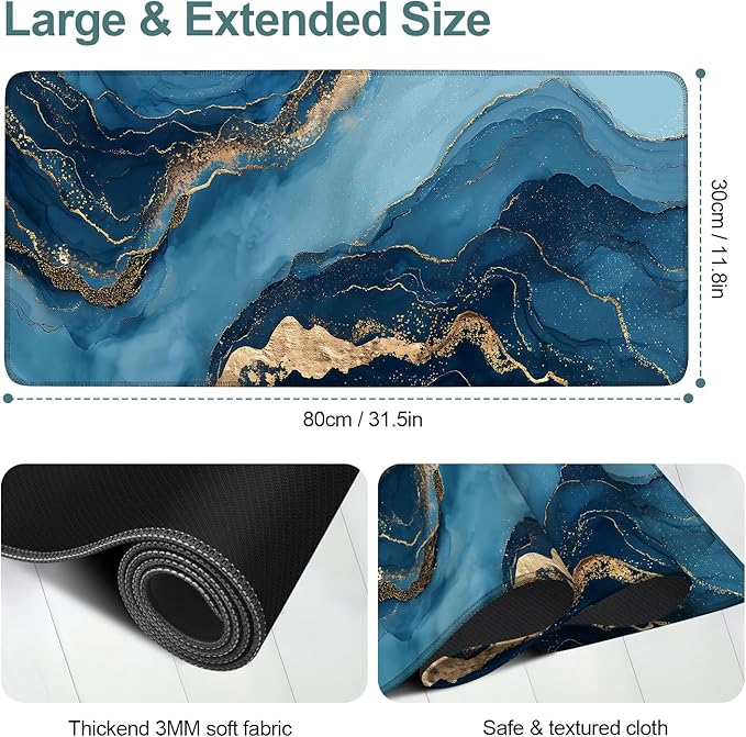 Blue Ocean Marble Extended Mouse Pad XL 31.5"x11.8" – Elegant Blue and Gold Desk Mat – Non-Slip Rubber Base, Stitched Edges