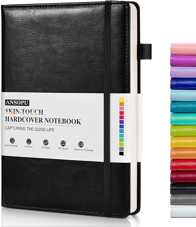Lined Journal Notebook for Writing, A5 100 GSM Thick Paper, Leather Hardcover Journal for Woman Men, Travel Journal Diary 160 Pages(5.75'' X 8.38'' Black)