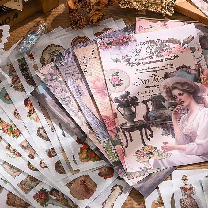 Vintage Scrapbook Sticker Book for Adults, 50 Sheets Aesthetic People Stickers Book for Scrapbooking with 480pcs Washi Stickers and 20 Sheets of Scrapbook Paper Ephemera for Junk Journals Supplies