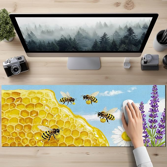 Bees XL Mouse Pad 31.5 x 11.8 Inch Gaming Mousepad Diatomite Large Keyboard Mouse Pad for Home and Office Desk Accessories with Bright Honeycomb Scene Bees Artwork Smooth Control Surface