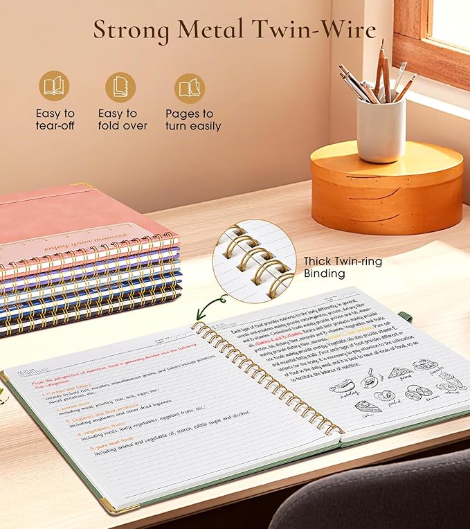 Hardcover Spiral Notebook Journal 8.5” x 11”, A4 Large Leather Notebooks for Women Men, Lined College Ruled Notebook, 100 GSM Paper, Spiral Bound Journals for Work School Note Taking Business, Green