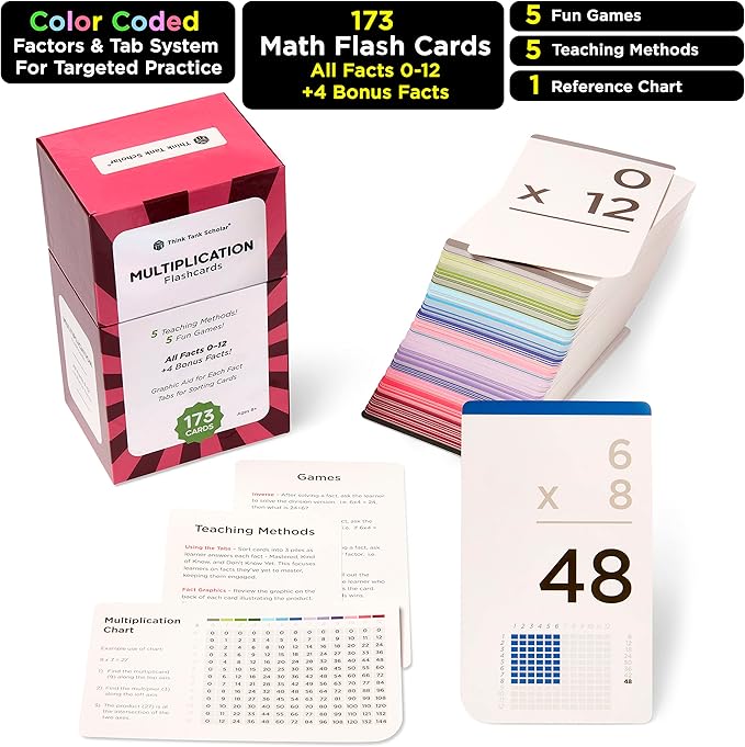 Award-Winning Multiplication Flash Cards – 173 Jumbo Cards (3.1” x 5.2”), All Facts 0–12 – 1 Fact & Visual Aid Per Card – Mastery Divider Tabs, Charts, Games & Teaching Methods – Grades 2–6