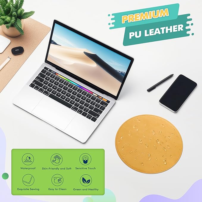 Mouse Pad，Round Mouse Pad，PU Mouse Pad，Leather Mouse Pad with Stitched Edge Micro-Fiber Base with Non-Slip Waterproof，Mouse Pad for Computers，Laptop，9 x 9 Inch (Light Yellow)