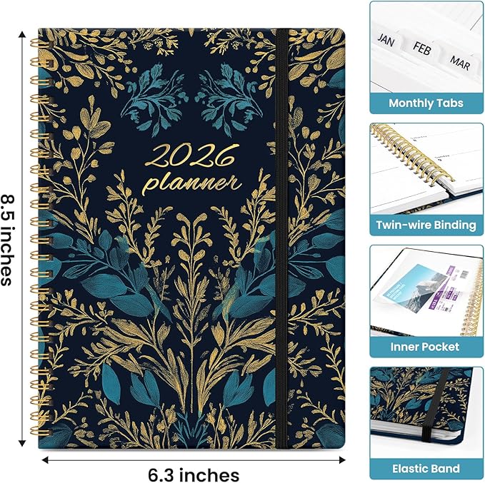 2026 Planner, Weekly and Monthly Calendar Planner for Women, Jan 2026 - Dec 2026, Hardcover Planning Agenda book with Tabs, Spiral Bound, Inner Pocket, Perfect for School Office Supplies, 6.3" x 8.5" - Golden Elegance