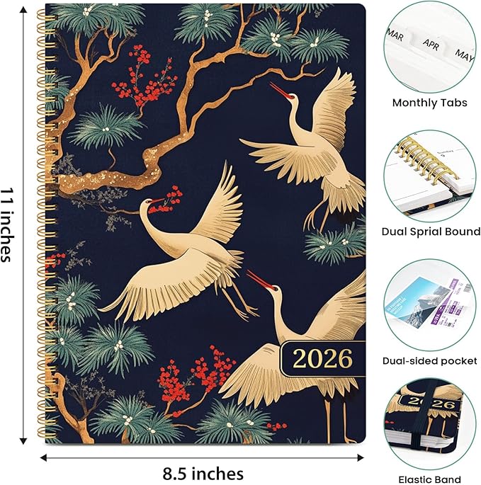 2026 Planner, Weekly and Monthly Calendar Planner Book, January 2026 - December 2026, Hardcover Spiral Planner with Monthly Tabs, Notes Pages, Perfect for Women & Men, A4 (8.5" x 11") - Cranes