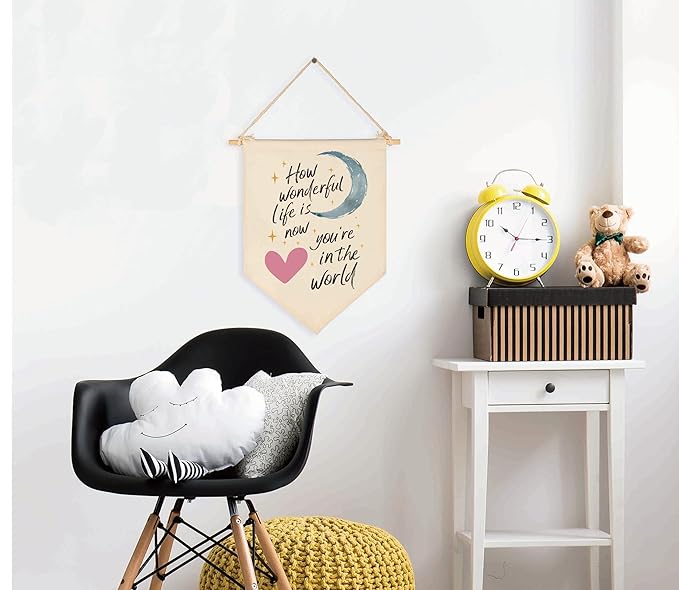How Wonderful Life Is Now-Canvas Banner Flag Sign Pennant Poster Wall Decor Gift for Baby Boy Girl Kids Nursery Baby Room Above Crib Bedroom Playroom Door-Baby,Shower,Birthday Christmas Gift