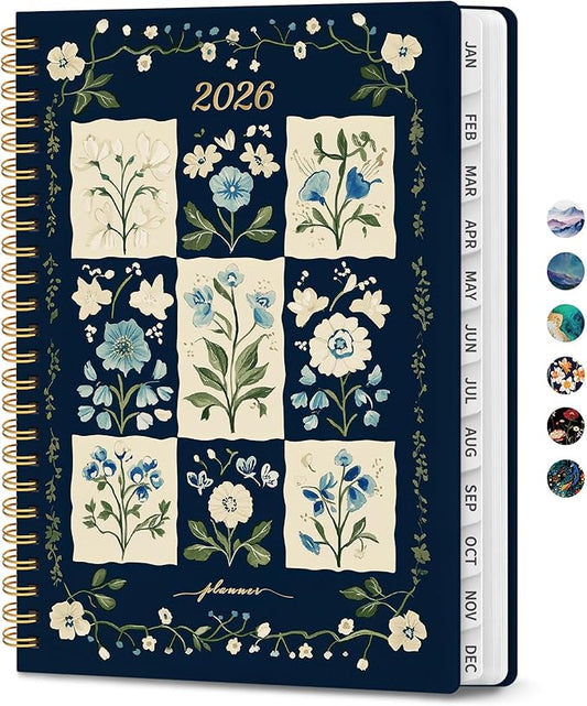 2026 Planner, Weekly and Monthly Calendar Planner for Women, Jan 2026 - Dec 2026, Hardcover Planning Agenda book with Tabs, Spiral Bound, Inner Pocket, Perfect for School Office Supplies, 6.3" x 8.5" - Blue Patchwork