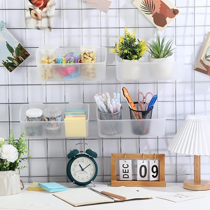 Gridwall Baskets, Grid Wall Storage Bin Plastic Grid Wall Panels Bins for 3 Inch Gridwall Panel for Organizing Storage Display Kitchen Home Office Garage Bathroom(Clear,6 Pcs)
