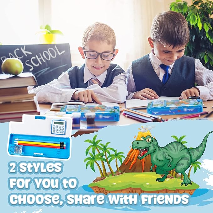Henoyso Multifunctional Pencil Box for Boys Dinosaur Pencil Case with Calculator and Sharpener Cool Cute Pencilcase School Supplies Essentials Christmas Birthday Gift Present for Kids Teens