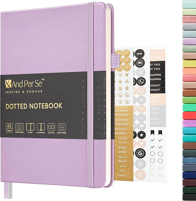 &And Per Se Dotted Journal Notebook, A5 Hardcover Leather Bullet Dotted Journal, 160 Pages 100 gsm Thick Dotted Paper, Valentine's Day Gift Journals for Her (Light lavender)
