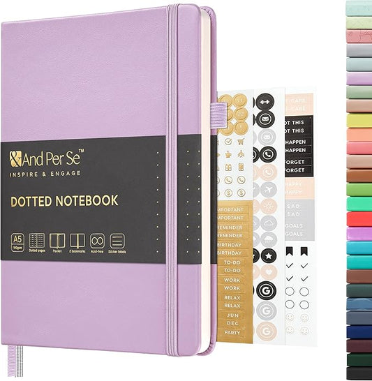 &And Per Se Dotted Journal Notebook, A5 Hardcover Leather Bullet Dotted Journal, 160 Pages 100 gsm Thick Dotted Paper, Valentine's Day Gift Journals for Her (Light lavender)