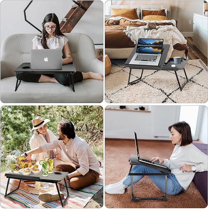 Laptop Desk for Bed Couch,Lap Desk for Laptop,Portable Laptop Stand for Desk,Small Adjustable Laptop Desk,Foldable Bed Table for Laptops and Writing, Bed Tray Table with Cup Holder(Black)