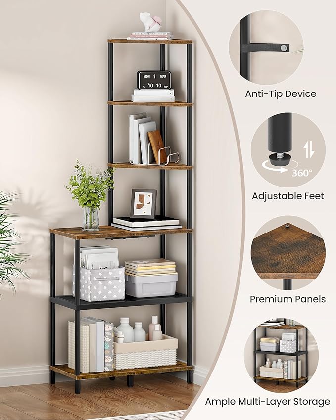 6-Tier Corner Shelf, Industrial Corner Bookshelf with Desk Top, Diamond-Shaped Storage Shelves, Display Stand for Small Spaces, Living Room, Home Office, Foyer, Rustic Brown and Black TCJ70BF