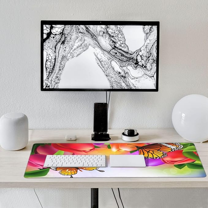 Extra Large Mouse Pads Tulip Flowers and Butterflies XXL Extended Mousepad with Stitched Edges Non-Slip Rubber Base Computer Keyboard Pad Desk Mat for Home Office Desk Decor, 35.4" X 15.7"