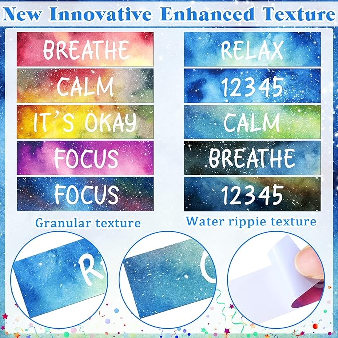 Crtiin 100 Pack Sensory Strips Anxiety Mindfulness Breath Calm Stickers Adhesive Texture Rough Tactile Fidget Tape for Mental Health Relief Anti Stress Stickers(Starry)
