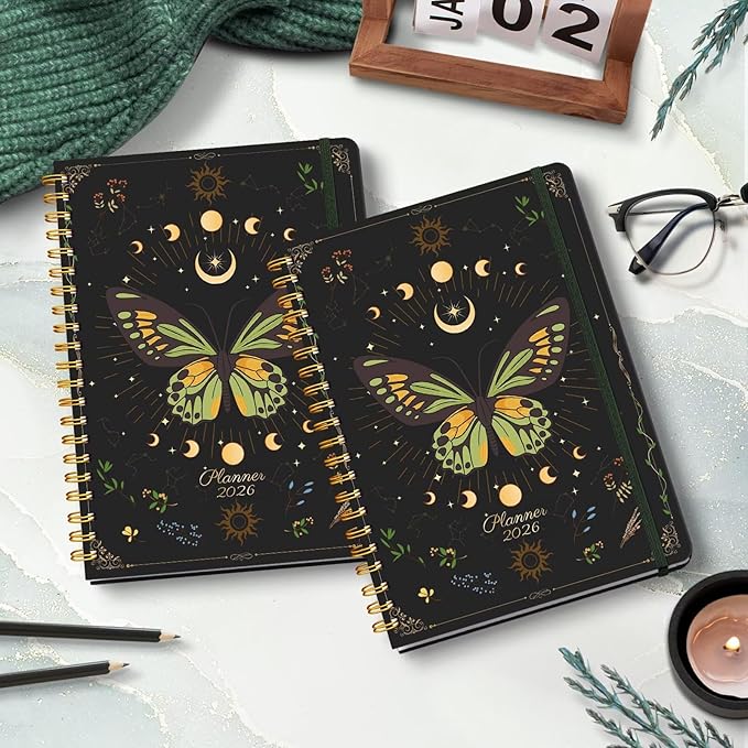 2026 Planner, A5 Weekly and Monthly Planners with Tabs, Spiral Bound Daily Calendar 2026 Planner, Agenda Organizers from Jan. to Dec., Hardcover Habit Tracker Journal 6.18" x 8.5"(Green Butterfly)