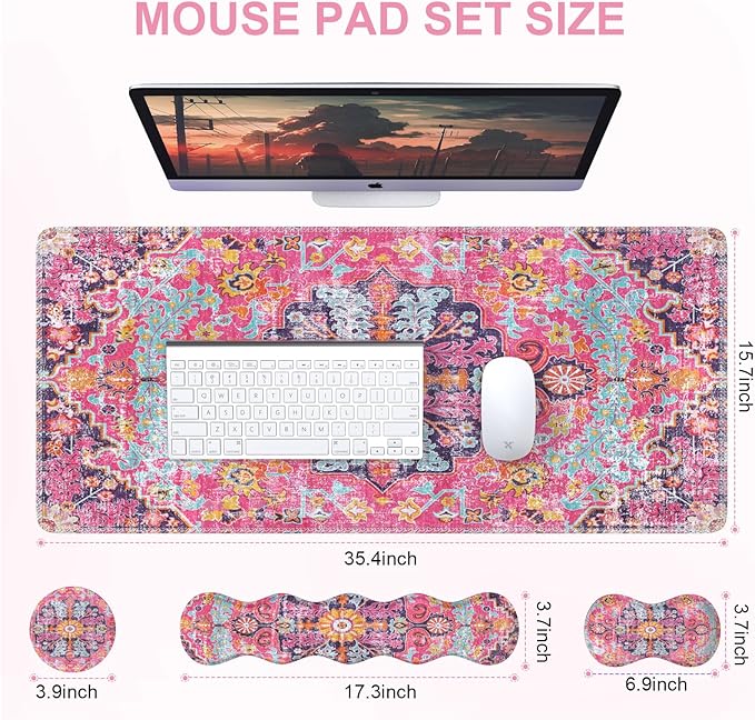 iLeadon Desk Mat Set, Mouse Pad with Wrist Rest + Keyboard Wrist Rest + Large Mouse Pad + Coaster, 4in1 Rug Large Gaming Mouse Pad Set for Home Office, Boho Retro Art