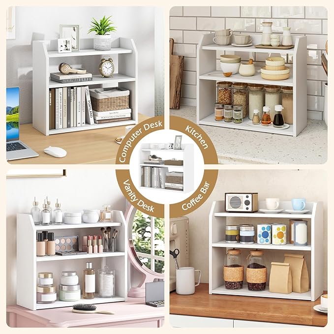 Giantex 3-Tier Desktop Bookshelf, Small Wood Countertop Organizer with Raised Guardrails, Space-Saving Desk Display Hutch, Modern Tabletop Shelf for Study Room, Office and Dorm, White (2)