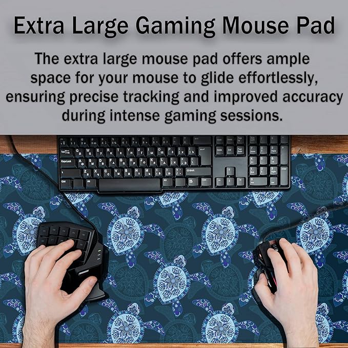 Computer Desk Mat Blue Mats, Gaming Mouse Pads Big Mouse Pad, Desk Pads Large Non-Slip Rubber Base Waterproof with Stitched Edges, 35.4 X 15.7 inch for Work/Game/Office/Home Turtle Pattern