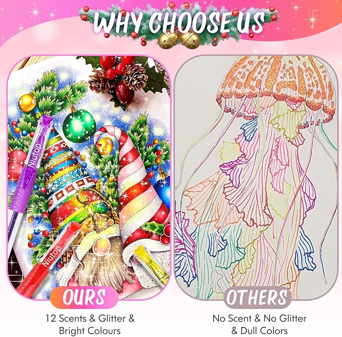 Niutop Coloured Pen Stocking Stuffers for Adult, 12-Color Scented Glitter Gel Pens,Coloring Markers Colored Pen Set, Drawing pens Joumaling Supplies Fun Stationary, Gel Roller Pens, Halloween Gifts