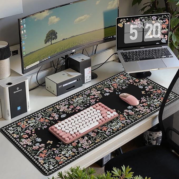 iCasso Large Desk Pad,Aesthetic Mouse Pad Black for Women Girl,Anti-Slip Rubber Base Computer Mat for Desktop,Cute Floral Desk Cover Protector Pad for Office Home School Gaming