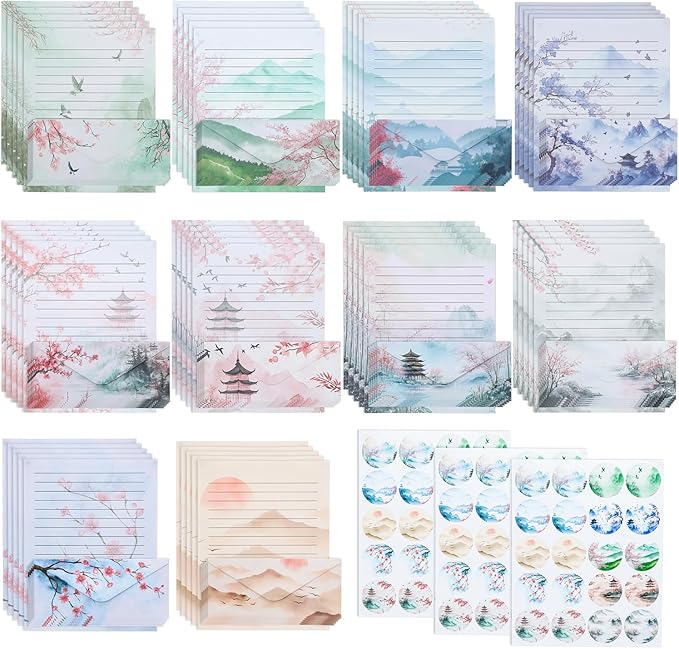 Mr. Pen- Stationery Writing Paper with Envelopes, 8.5 x 11 Inch, 160 Pack(50 Letter Writing Paper with 50 Envelopes and 60 Round Dot Sticker) Cherry Blossoms Cute Stationary Set with 10 Design