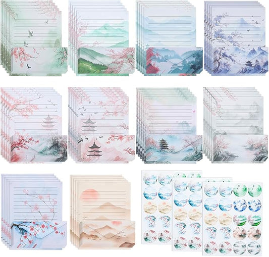 Mr. Pen- Stationery Writing Paper with Envelopes, 8.5 x 11 Inch, 160 Pack(50 Letter Writing Paper with 50 Envelopes and 60 Round Dot Sticker) Cherry Blossoms Cute Stationary Set with 10 Design