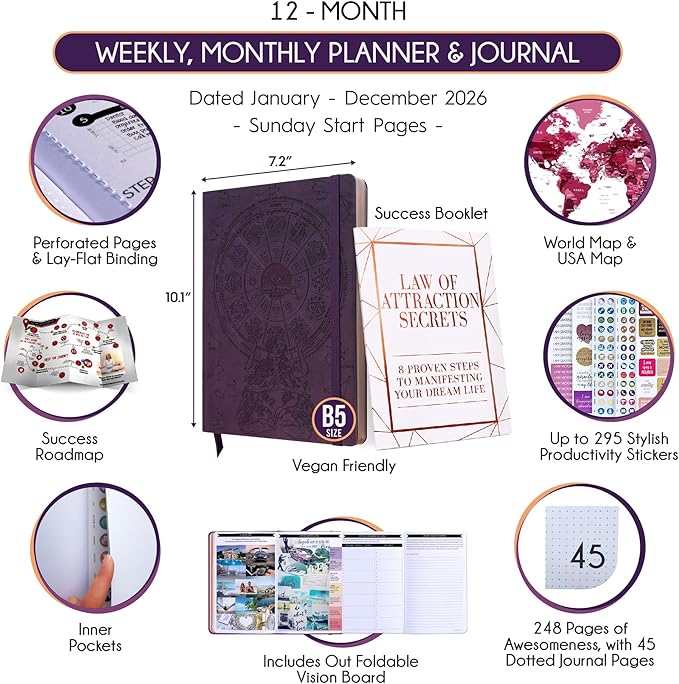 Deluxe 2026 Planner Weekly and Monthly | Law of Attraction Planner with Productivity App | 12-Month for Productivity, Gratitude & Goal Setting | Includes Foldable Vision Board, Gift Box & Stickers