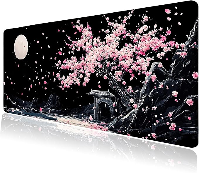 Black Japanese Cherry Blossom Large Mouse Pad, Desk Mat Computer Keyboard Pad Non-Slip Rubber Base Waterproof with Stitched Edges for Laptop Gaming, Office & Home 31.5 x 11.8 Inch (XL-21)
