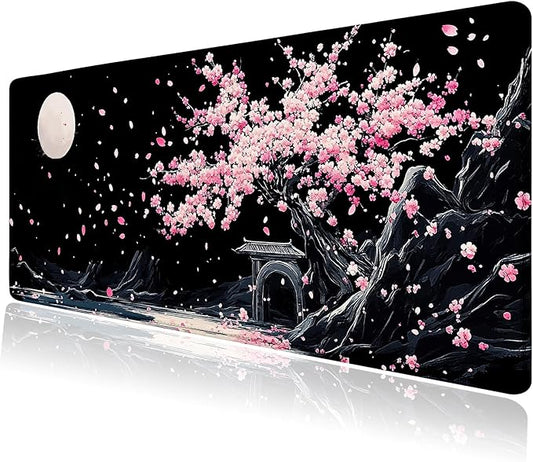 Black Japanese Cherry Blossom Large Mouse Pad, Desk Mat Computer Keyboard Pad Non-Slip Rubber Base Waterproof with Stitched Edges for Laptop Gaming, Office & Home 31.5 x 11.8 Inch (XL-21)