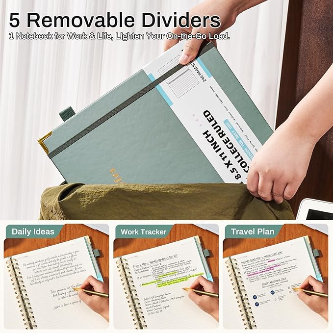 Hardcover Spiral Notebooks 8.5" X 11" Note Taking 5 Subject Notebook College Ruled with Dividers 240 Pages 100GSM Aesthetic Spiral Notebook for Work School Cute Journals for Women Writing, Light Green
