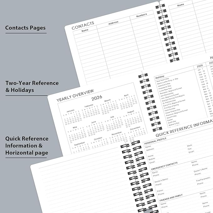 2026 Planner - Planner 2026 with Weekly & Monthly Spreads, Jan 2026 - Dec 2026, 6.25" × 8.3", Strong Twin-Wire Binding, Round Corner, Flexible Cover, Monthly Tabs - Grey