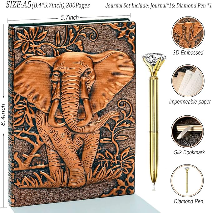 Elephant Journal,Leather Writing Journal Notebook ,A5 Lined Journal,200Pages,Personal Diary-Antique Handmade Embossed Daily Notepad Sketchbook,Travel Diary&Notebooks to Write in,Gift for Men&Women